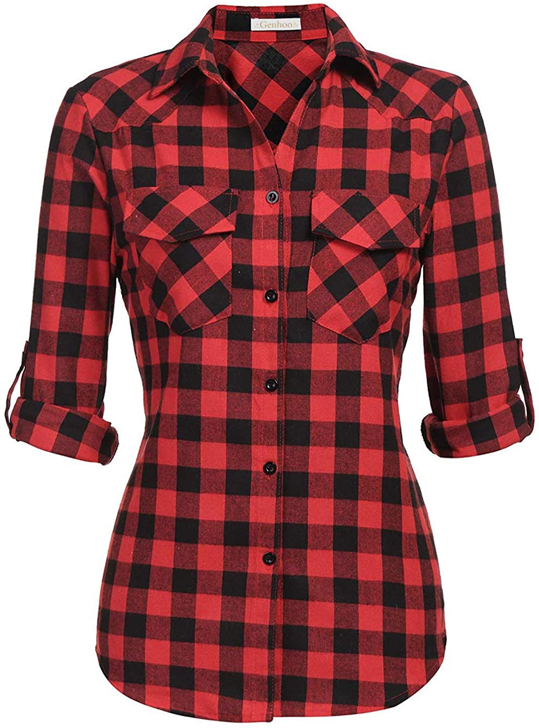 Genhoo Womens Flannel Shirts Roll Up Long Sleeve Plaid Shirt Collared  Button Down Gingham Casual Top S-4XL, Green-1, Small : : Clothing,  Shoes & Accessories
