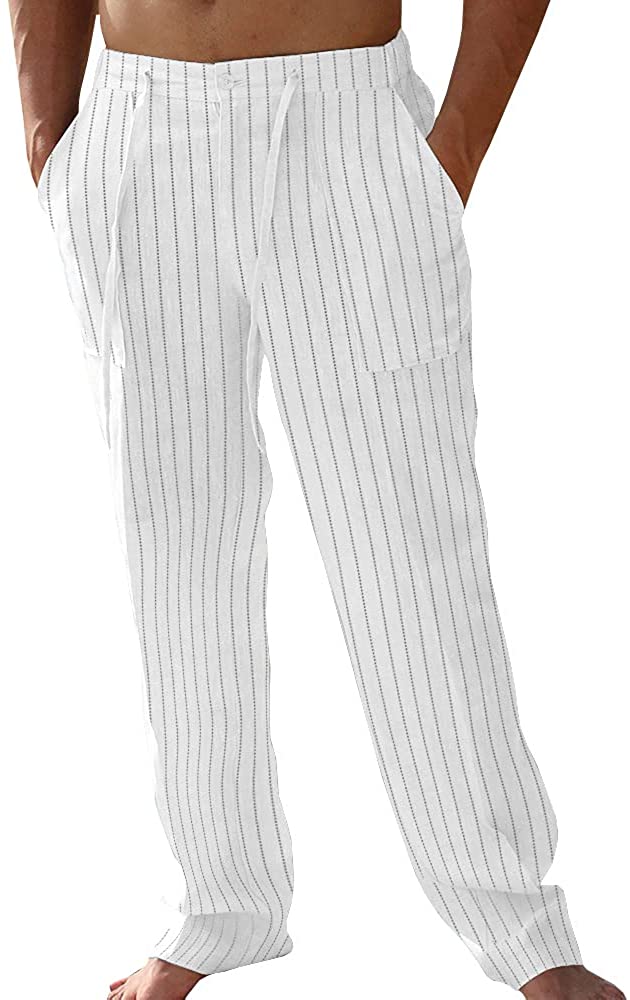 PASLTER Mens Casual Linen Pants Loose Fit Straight-Legs Elastic