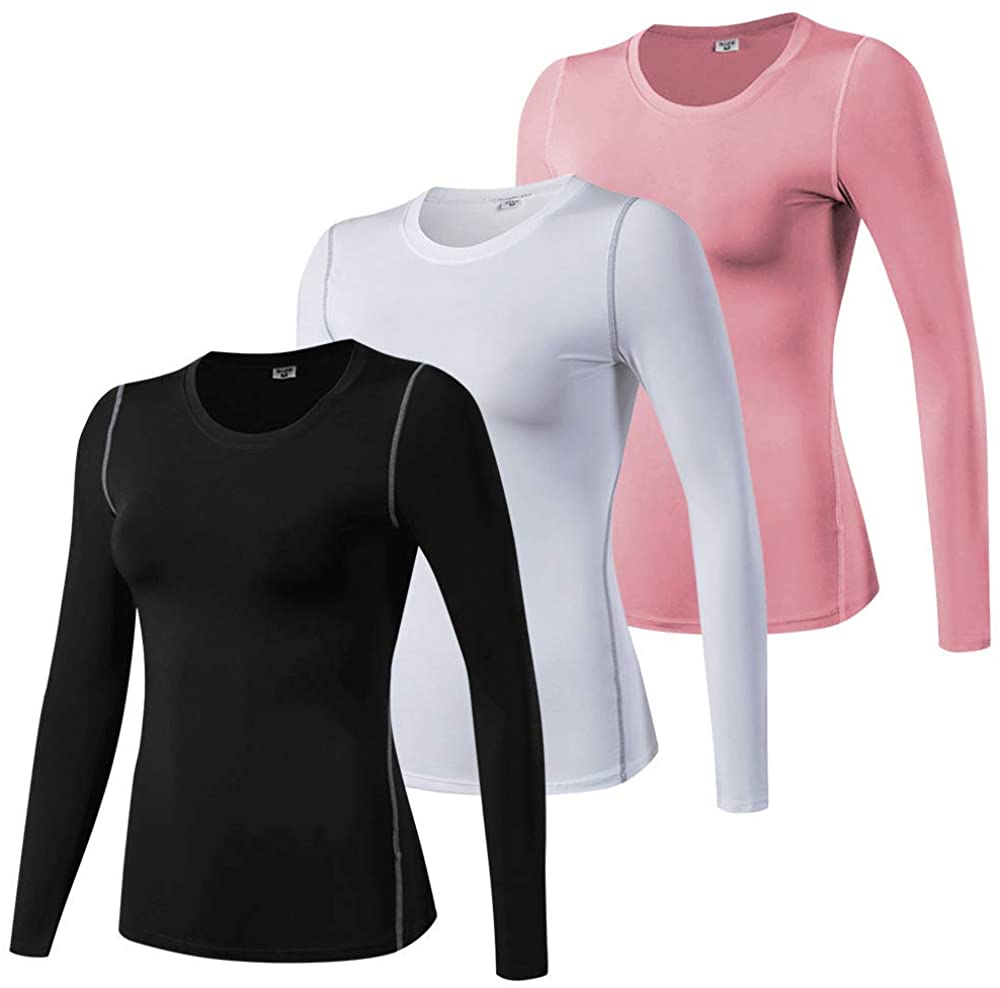 WANAYOU Women's 2-3 Pack Compression Shirt Dry Fit Long Sleeve Running  Athletic T-Shirt Workout Tops 3 Pack(black+white+grey) Small