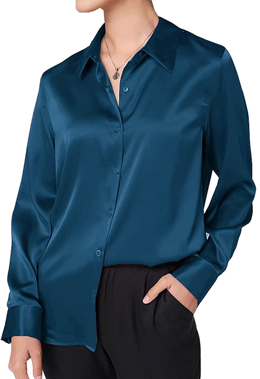 Women's Silk Shirts Long Sleeve Lady Shirt Casual Office Work Button Down  Satin