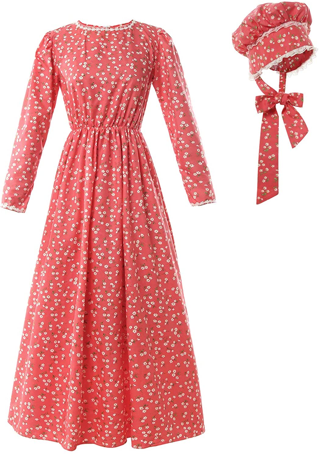 Women Pioneer Costume Floral Prairie Dress Cotton Deluxe Colonial  Maid Dress 