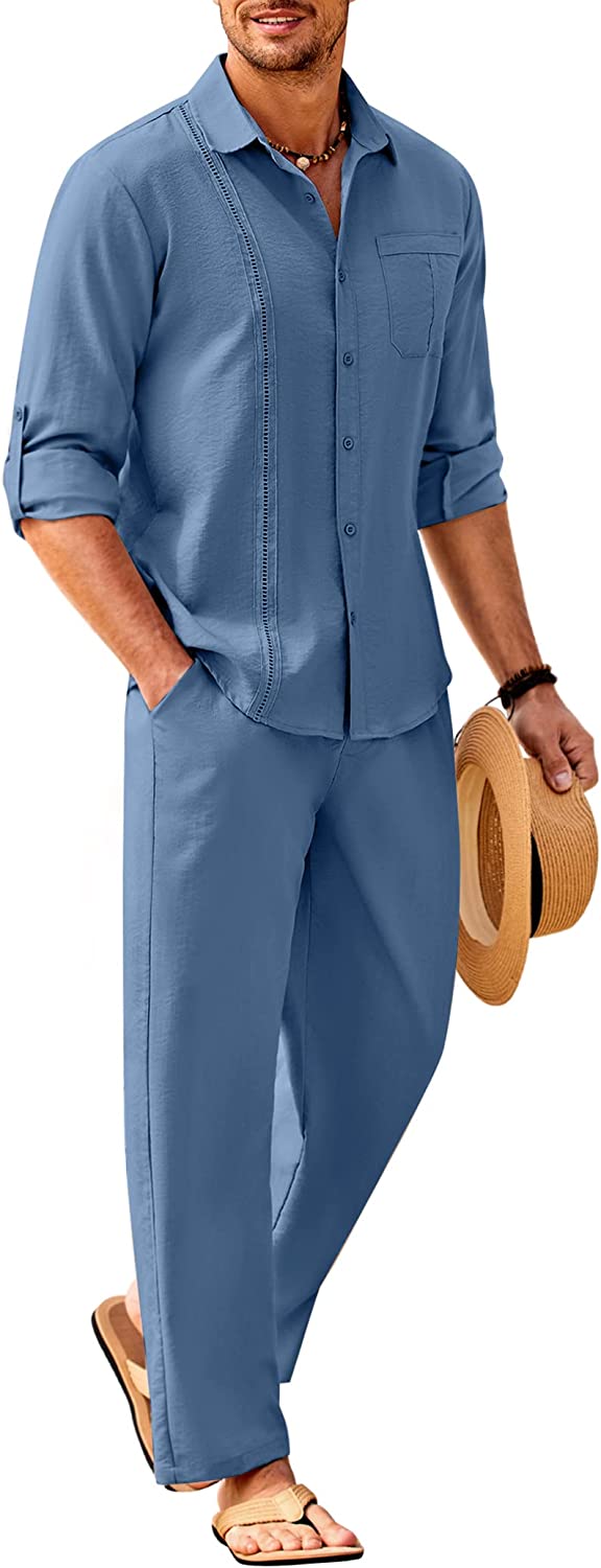 COOFANDY Men 2 Piece Linen Outfit Beach Button Down Shirt Casual Loose Pant Sets