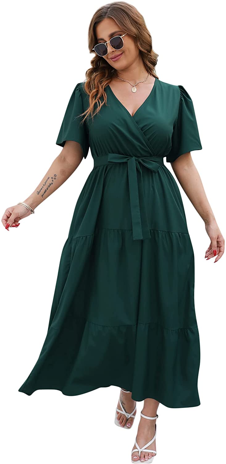 KoJooin Women Plus Size V Neck Wrap Maxi Dress High Waist Ruffle Summer ...