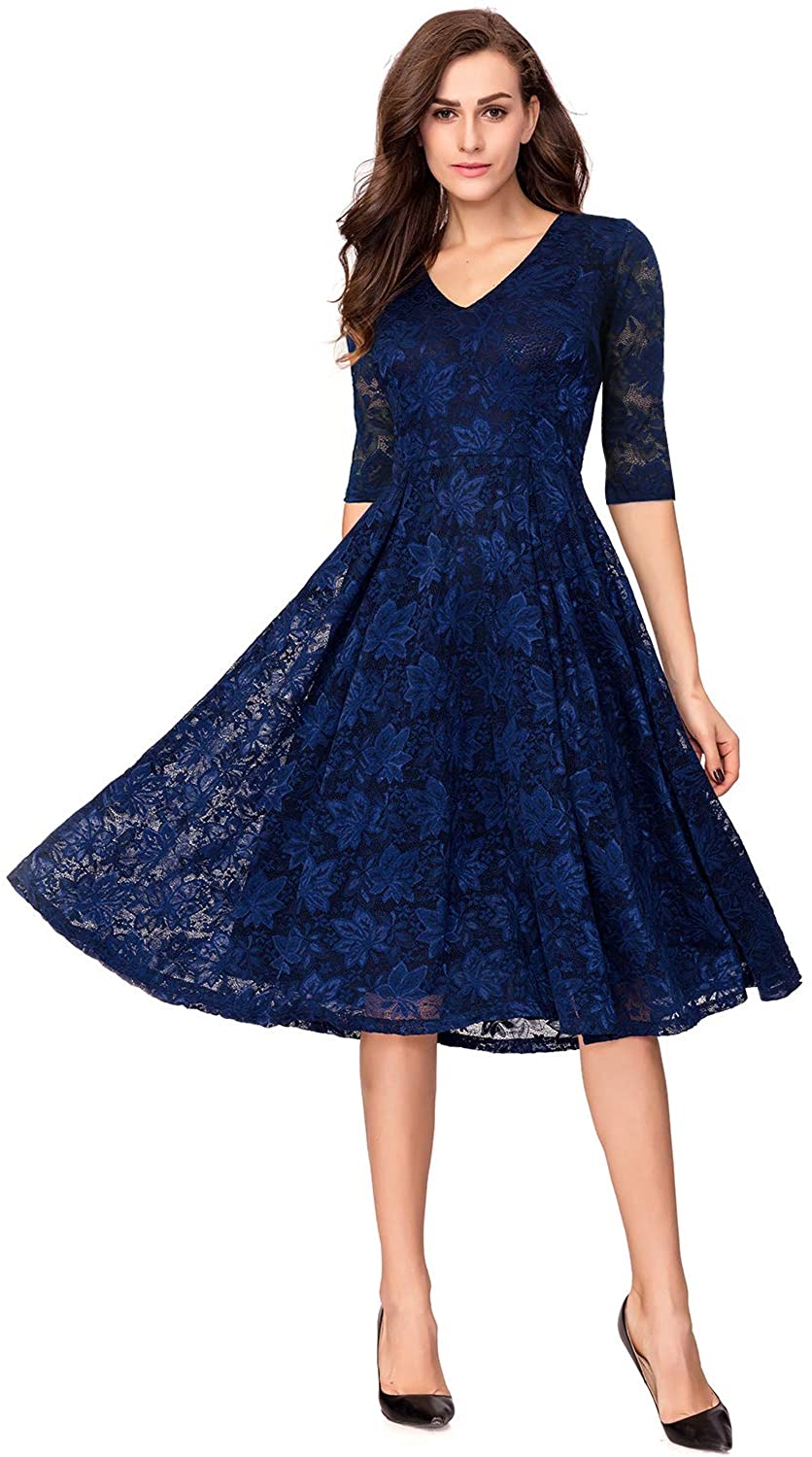 Noctflos Women's 3/4 Sleeves Lace Fit & Flare Midi Cocktail Dress for