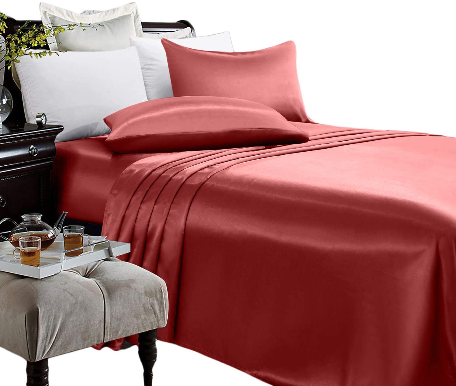 Satin Bed Sheet Set Ultra Soft 4-Piece (Red, Queen) 