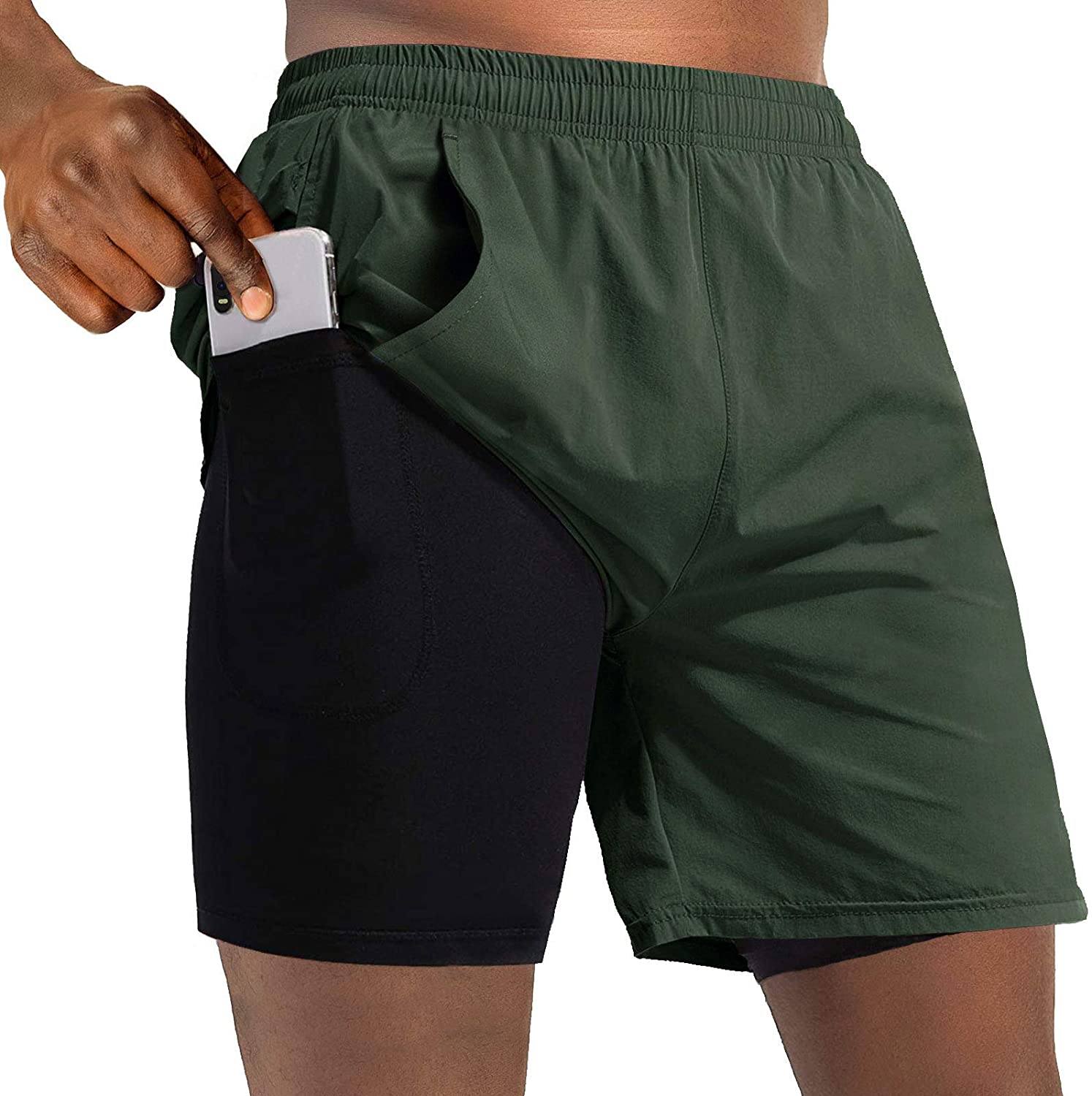 A WATERWANG Mens 2 in 1 Running Shorts Quick Dry Workout Athletic Jogging Shorts with Pockets