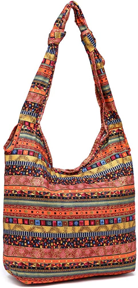 KARRESLY Bohemian Cotton Hippie Shoulder Bag Thai Top Zip Sling Crossbody Bag Hobo Bag Handmade Messenger Purse 