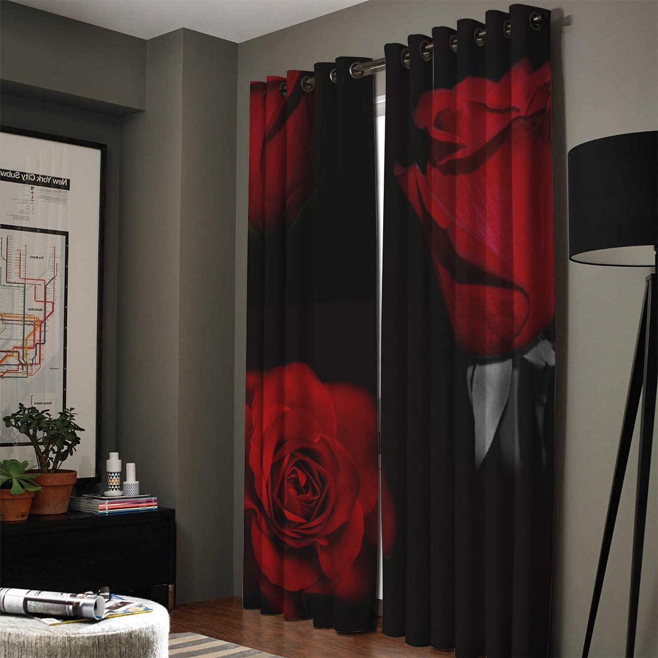 FunDecorArt Blackout Curtains, Red Rose Black Background Polyester ...