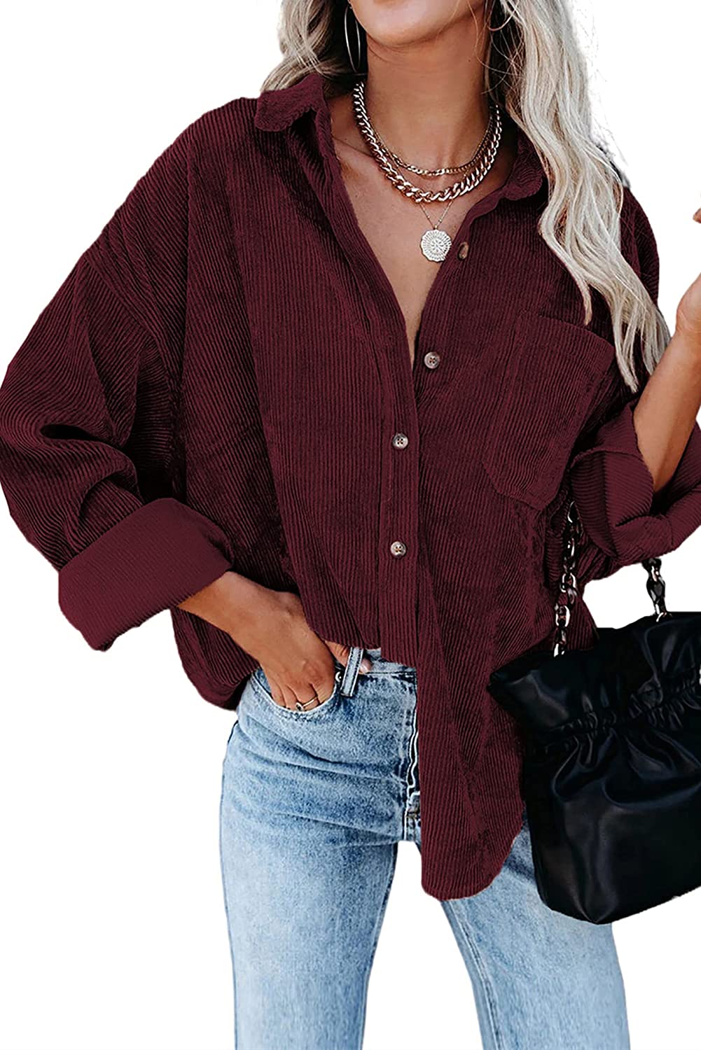 Actloe Womens Corduroy Shirt Long Sleeve Oversized Button Down
