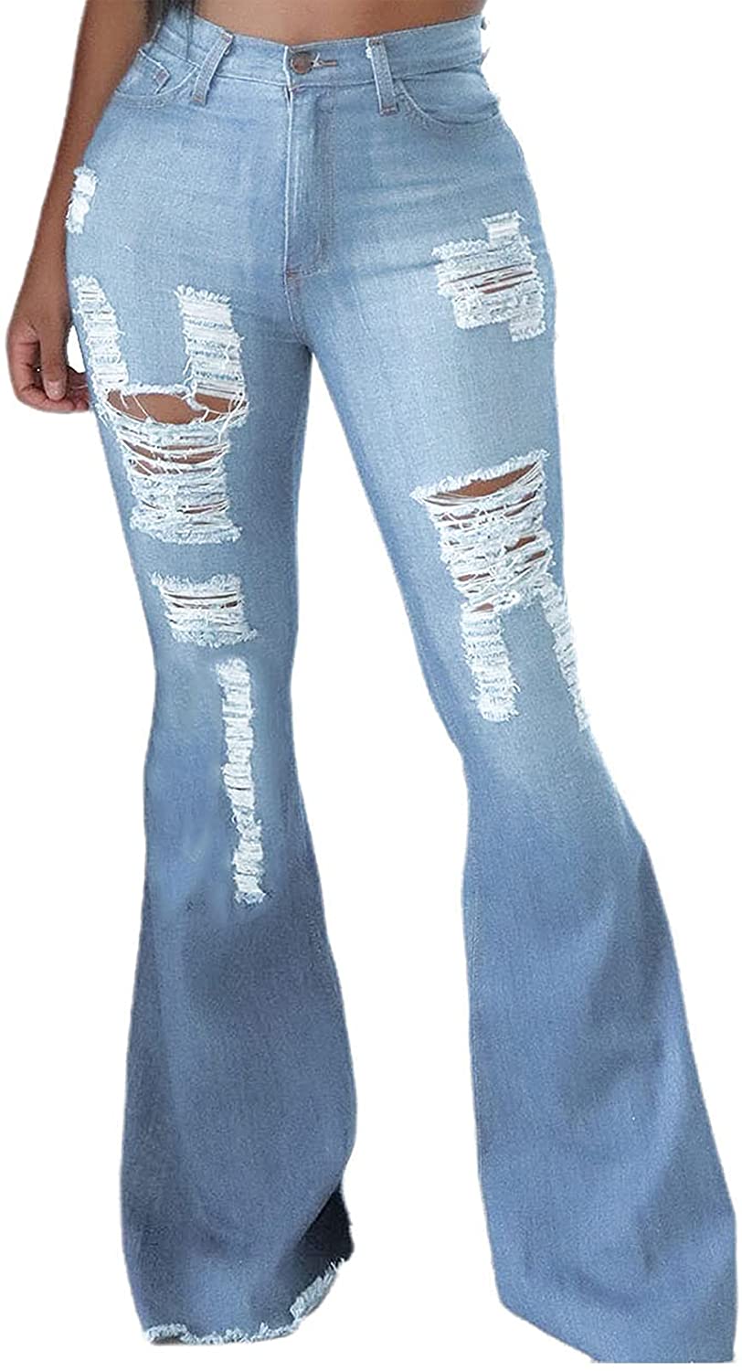 Women's Destroyed Flare Jeans Fashion High Waisted Denim Pants