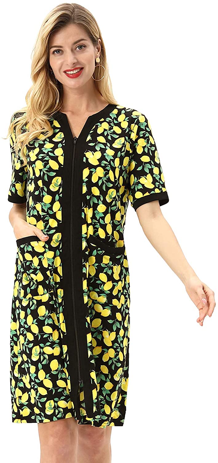 Zexxxy Women Cotton Bathrobe Sleepwear Half Sleeve Zipper Pajama S-2XL 