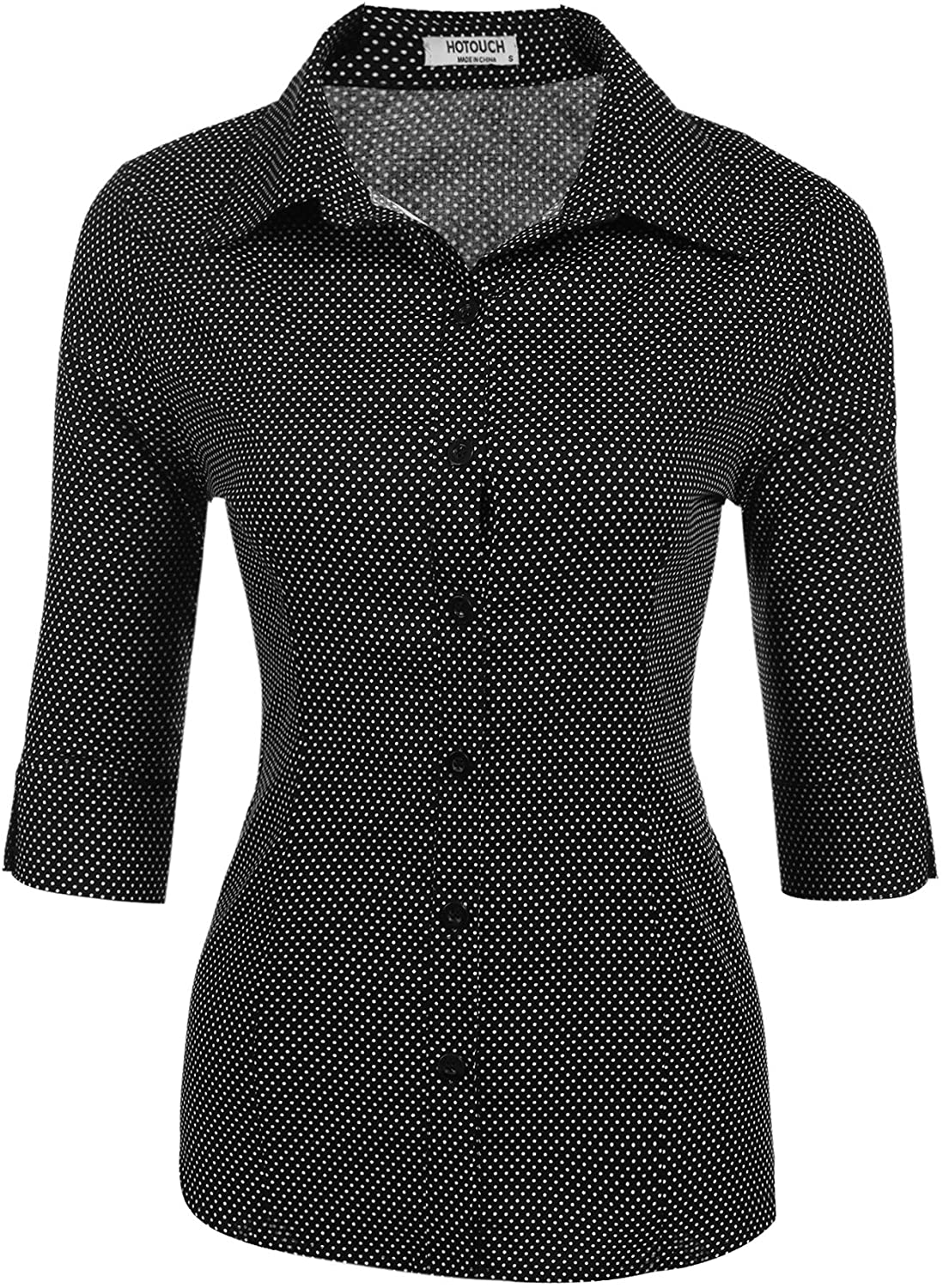 HOTOUCH Women's Basic Button Down Shirts 3/4 Sleeve Stretch Button Up Dress  Shirt Slim Fit Waitress Work Shirts