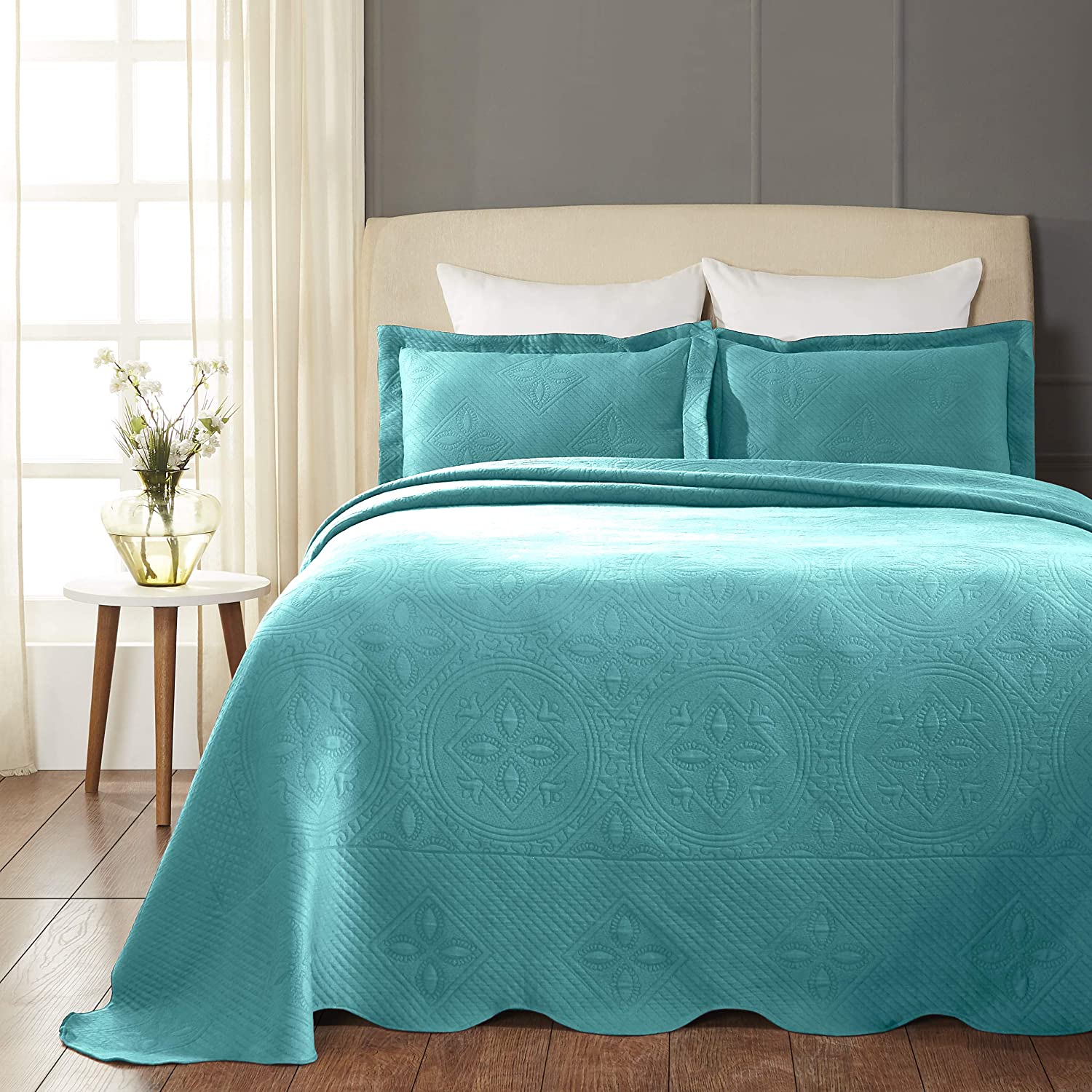 Details about   SUPERIOR 100% Cotton Celtic Circles 3-Piece Scalloped Bedspread Set Peac Queen 