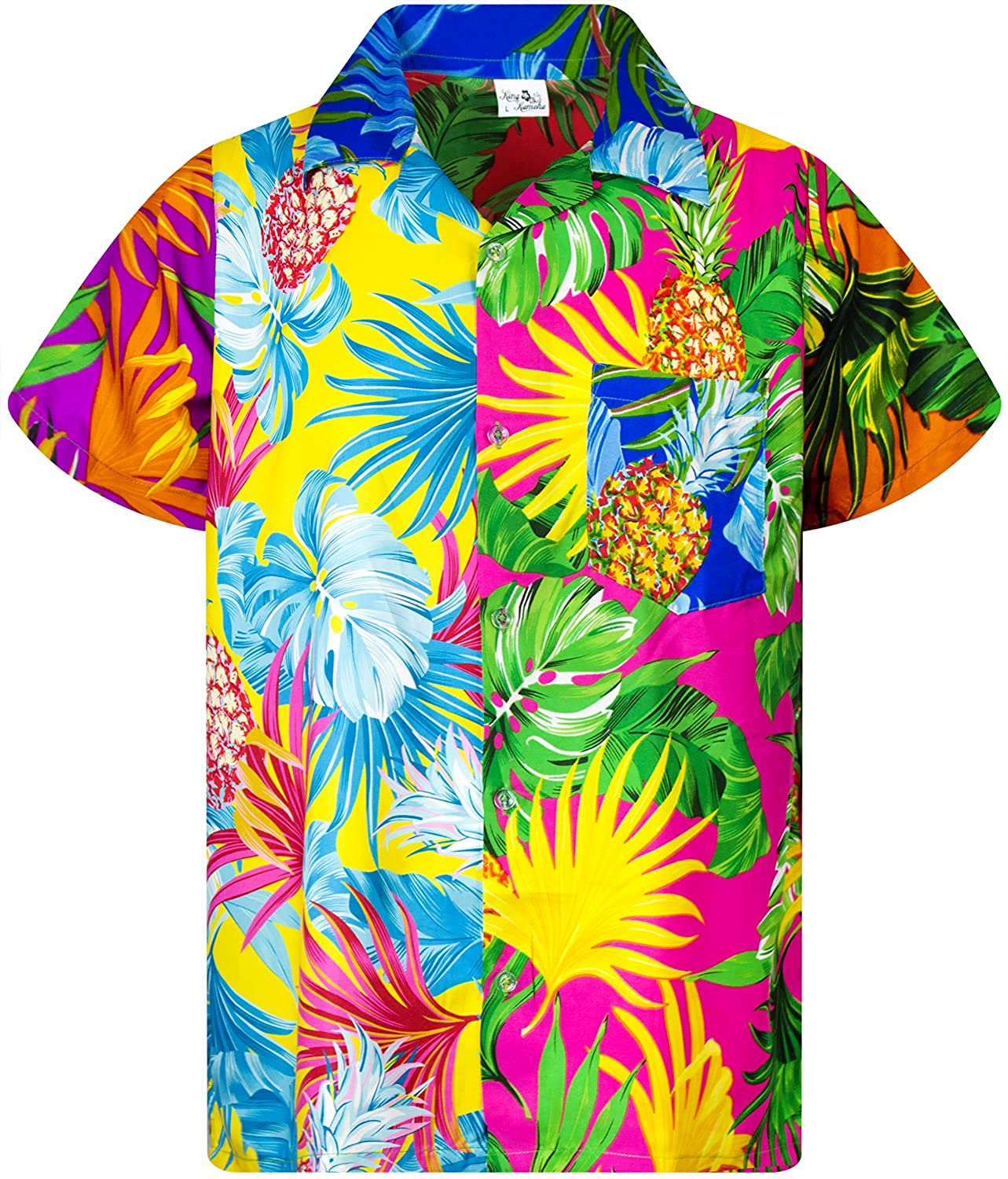 King Kameha Funky Hawaiian Shirt Men Shortsleeve Frontpocket Hawaiian-Print Leaves Flowers Pineapple 