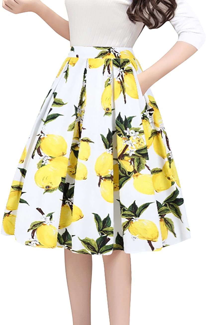 thumbnail 19  - Tandisk Women&#039;s Vintage A-line Printed Pleated Flared Midi Skirt with Pockets