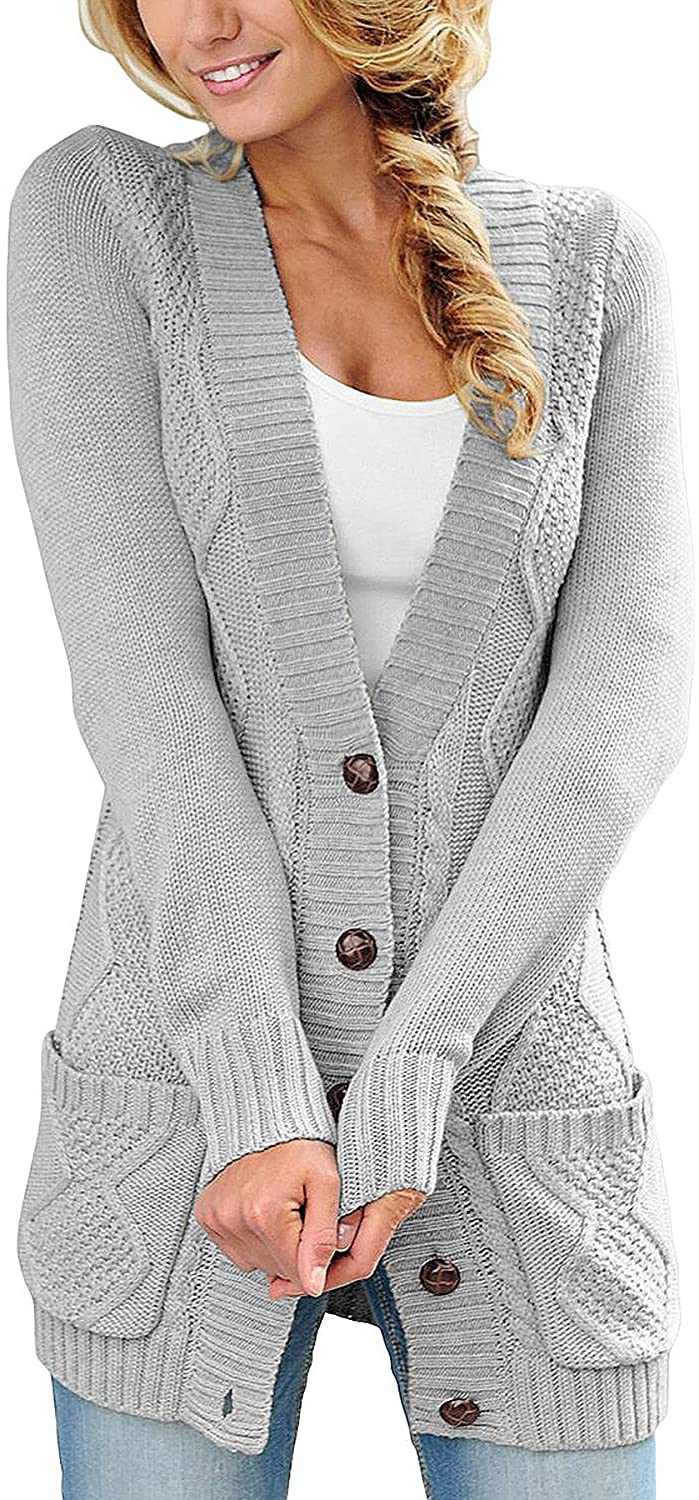 Uqnaivs Womens Open Front Long Sleeves Pockets Button Cable Knit Sweater Cardigan 
