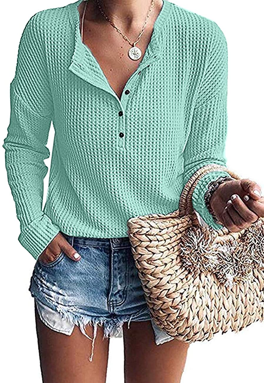 MOLERANI Womens Waffle Knit Tunic Tops Loose Long Sleeve Button Up