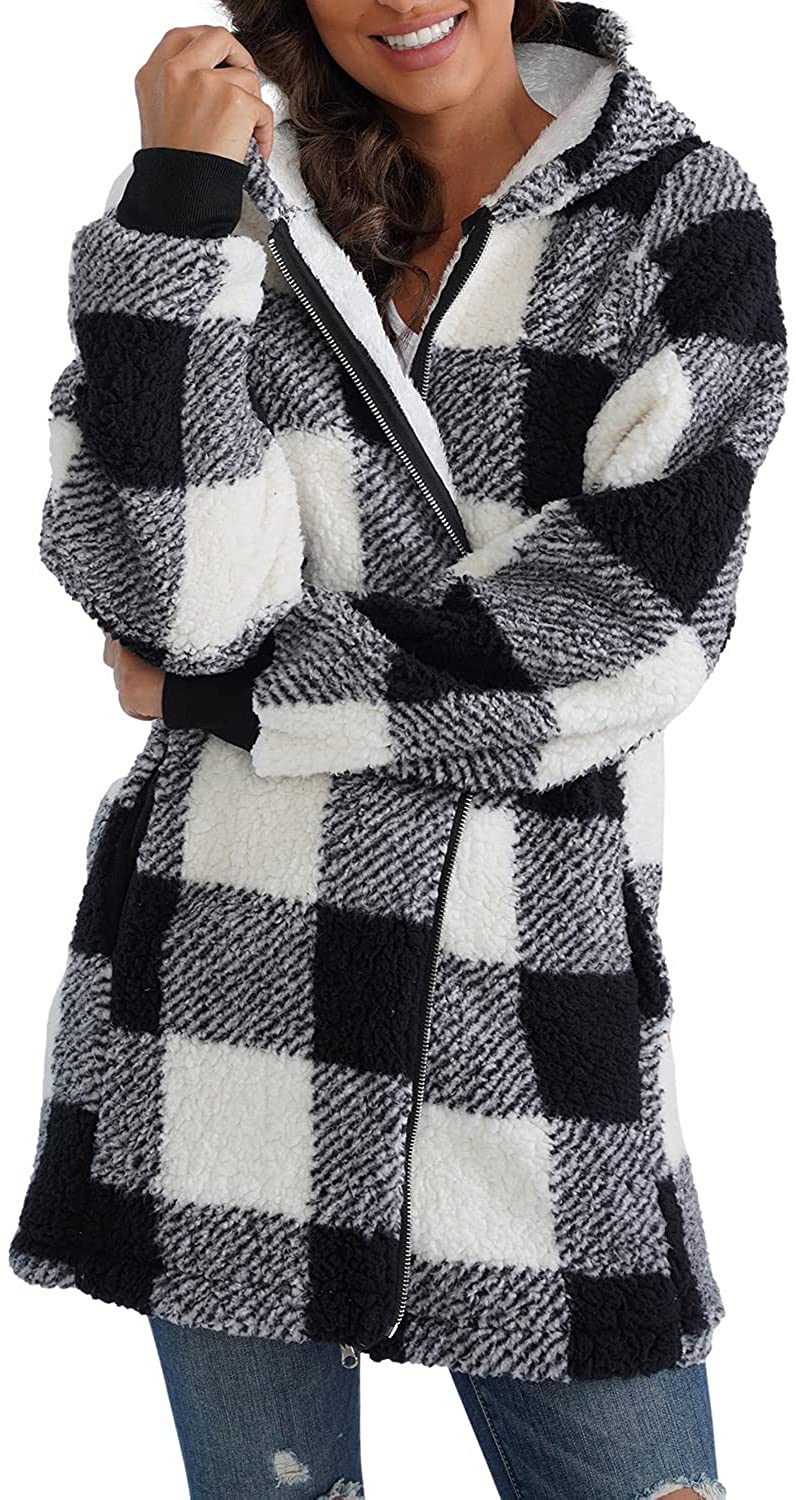 ReachMe Womens Oversized Zip Up Sherpa Jacket with Pockets Plaid Fleece Hoodie Winter Teddy Coat Outerwear