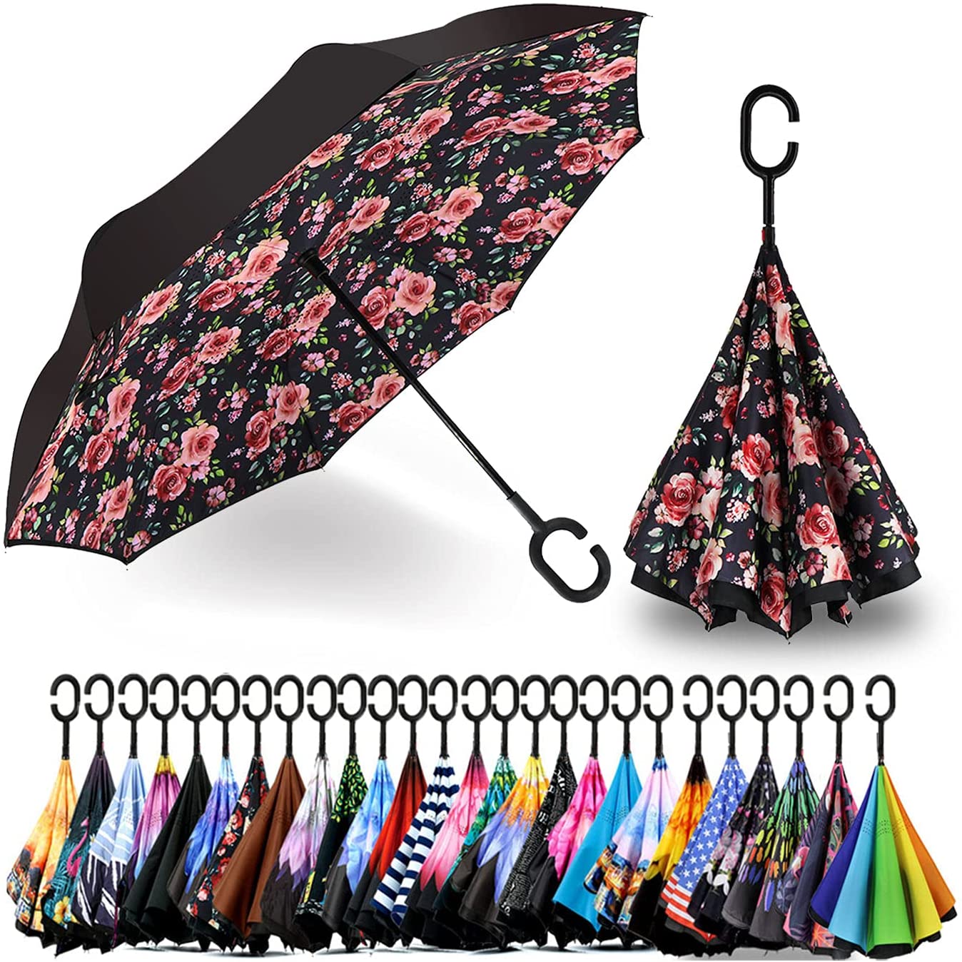Spar Anti-UV Waterproof Windproof Straight Umbrella for Car Rain Outdoor Use Saa Double Layer Inverted Umbrella with C-Shaped Handle 