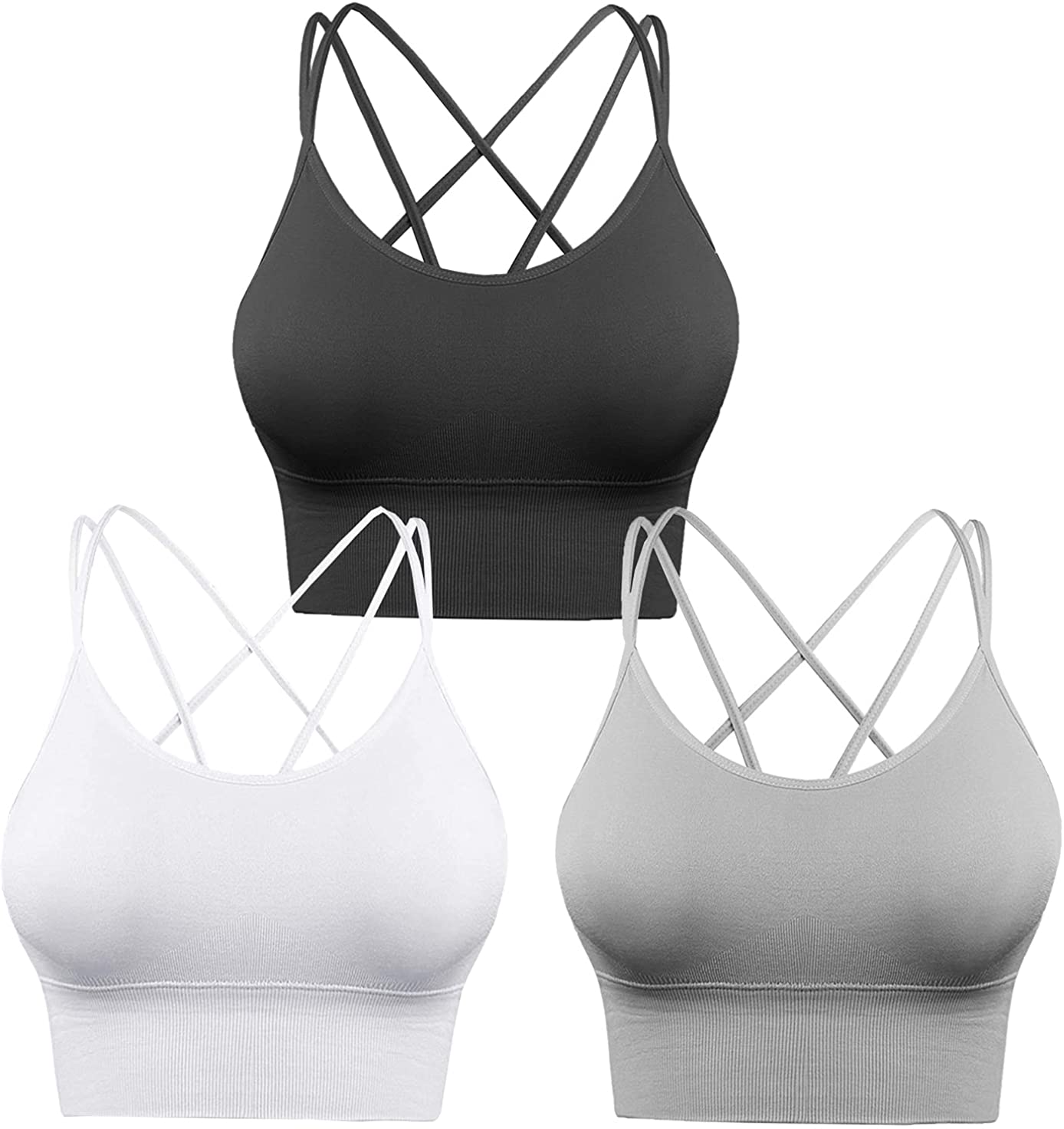 Cabales Women's 3-Pack Seamless Wireless Sports Bra with Removable Pads,  Black/White/Nude, Small at  Women's Clothing store
