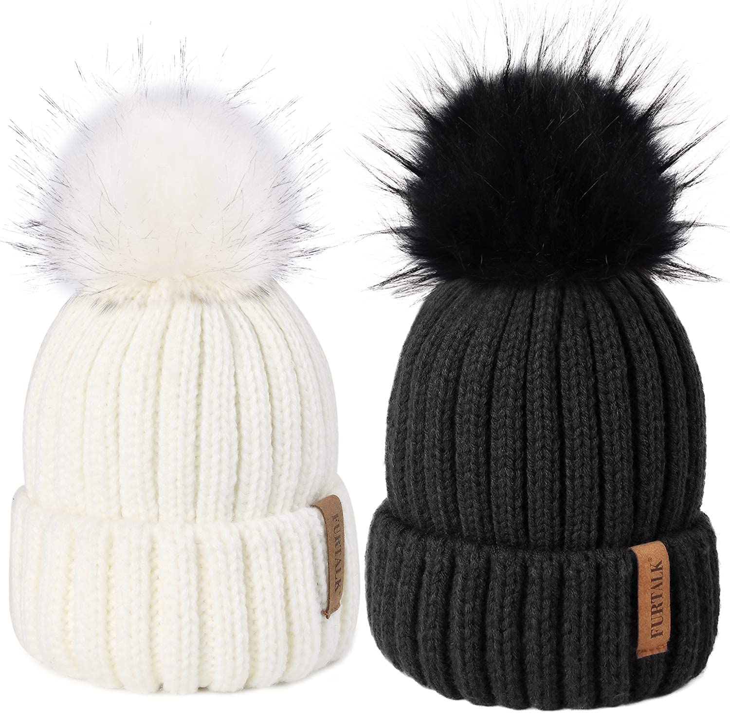 FURTALK Womens Winter Knitted Beanie Hat with Faux Fur Pom 2 Packs Warm Knit Skull Cap Beanie for Women