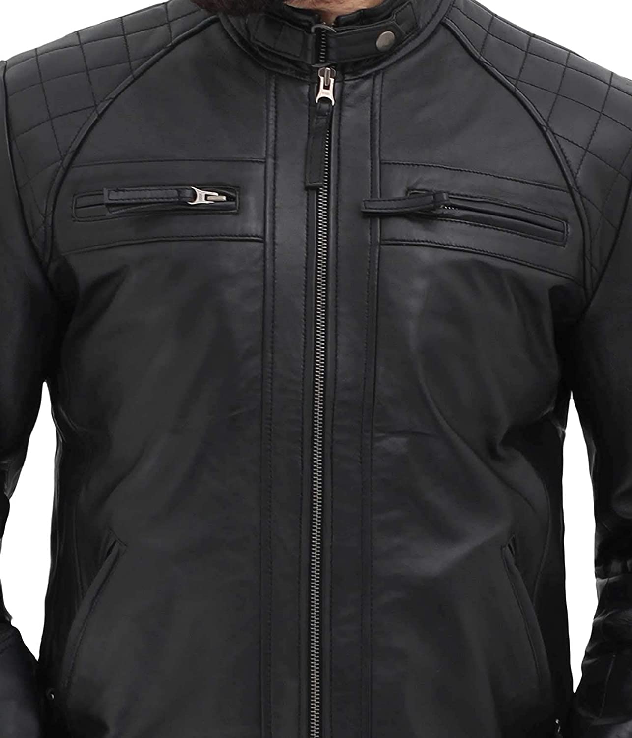 fjackets Cafe Racer Leather Jacket Men - Real Lambskin Leather Biker  Motorcycle Jackets For Mens