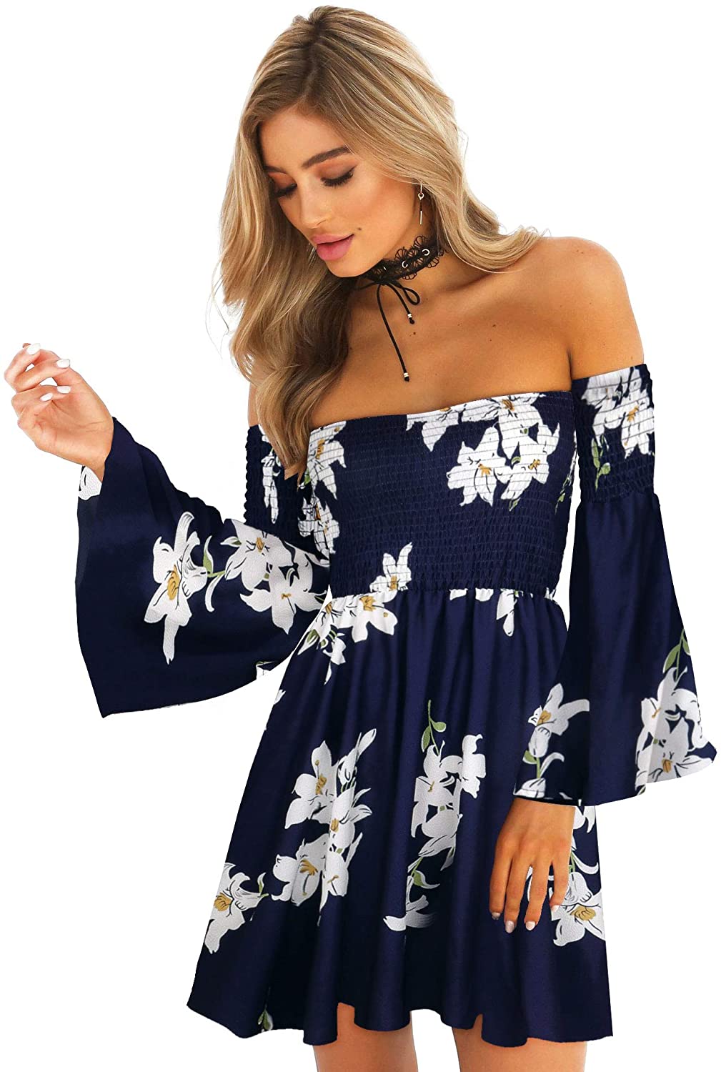 ONEYIM Womens Dress Summer Floral Long Sleeve Off Shoulder Casual Mini Dresses