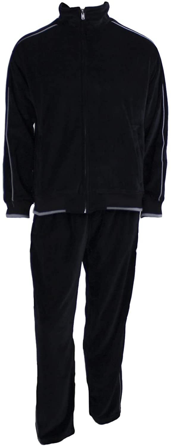 Mens Black Velour Tracksuit with Yellow Piping