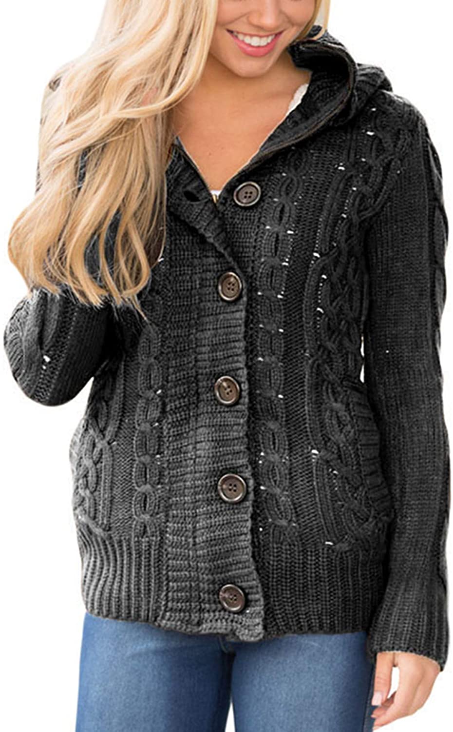 Sidefeel Women Hooded Knit Cardigans Button Cable Sweater Coat | eBay