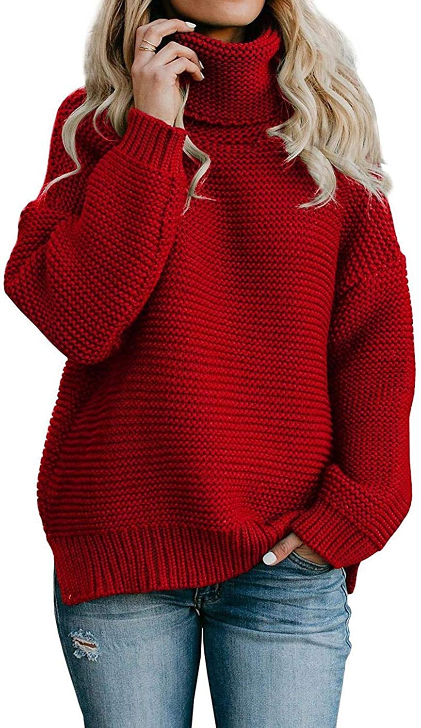ANFTFH Womens Solid Knit Turtleneck Balloon Long Sleeve Pullover ...