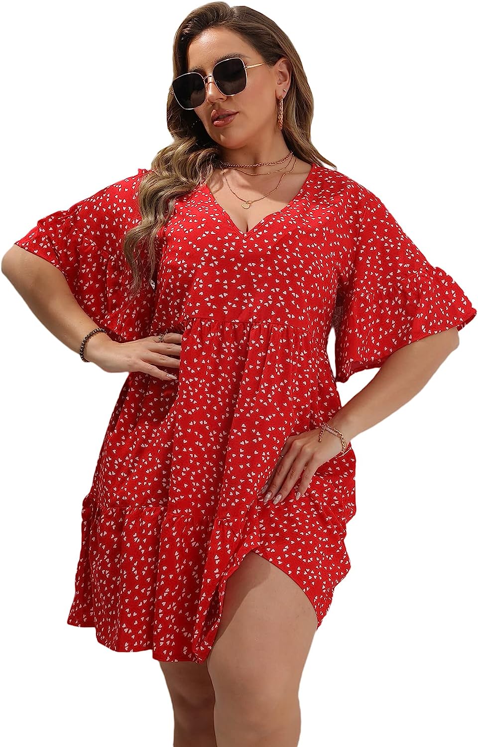 Milumia Women's Plus Size Boho Heart Print Dress Short Sleeve V Neck Ruffle  Dres