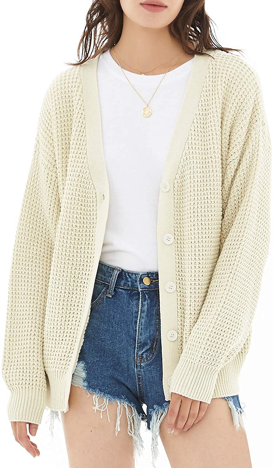 QUALFORT Womens Cardigan Sweater 100% Cotton Button-Down Long Sleeve Oversized Knit Cardigans