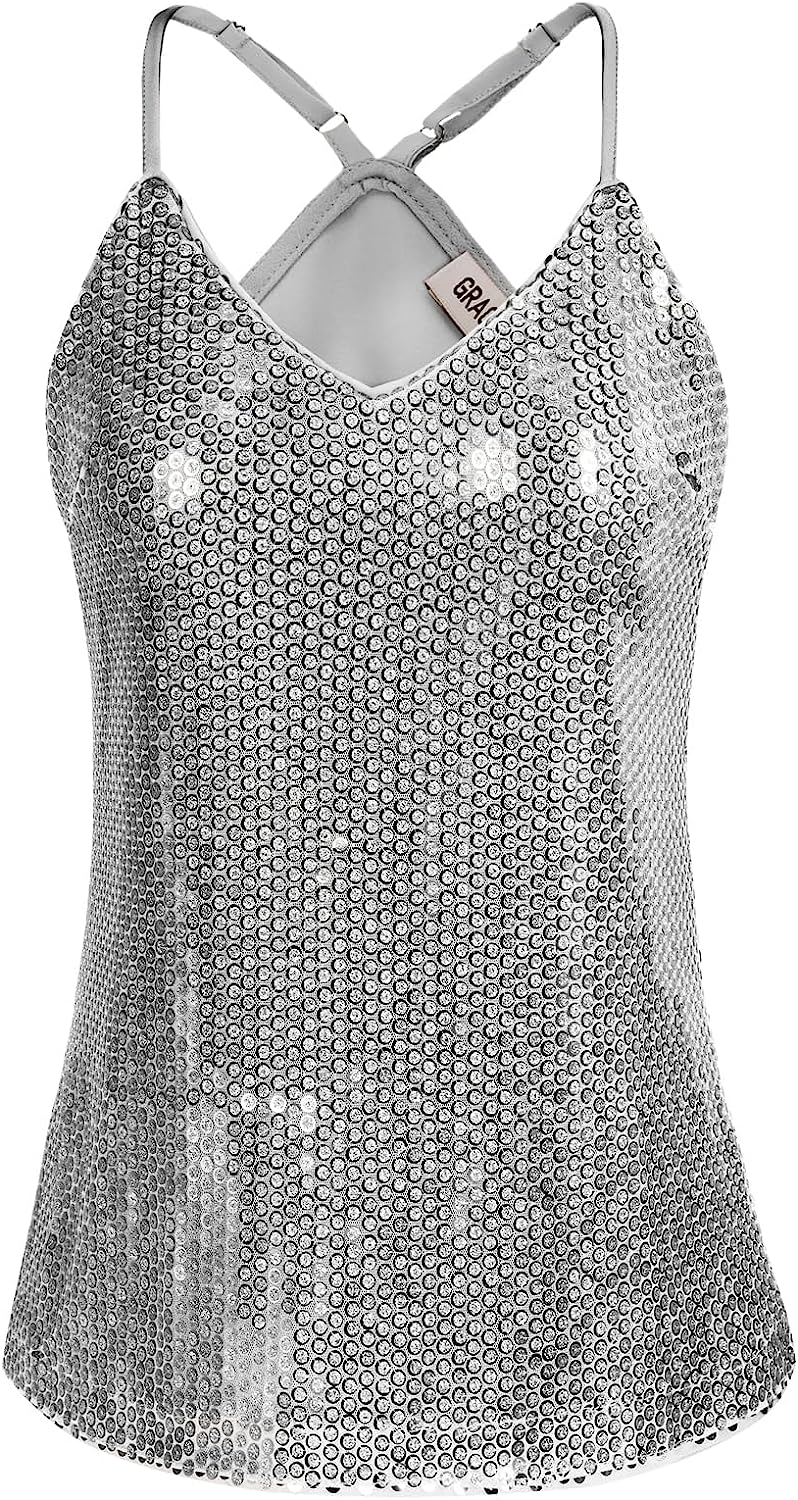 GRACE KARIN Women's Sleeveless Sparkle Shimmer Camisole Vest Sequin Tank  Tops