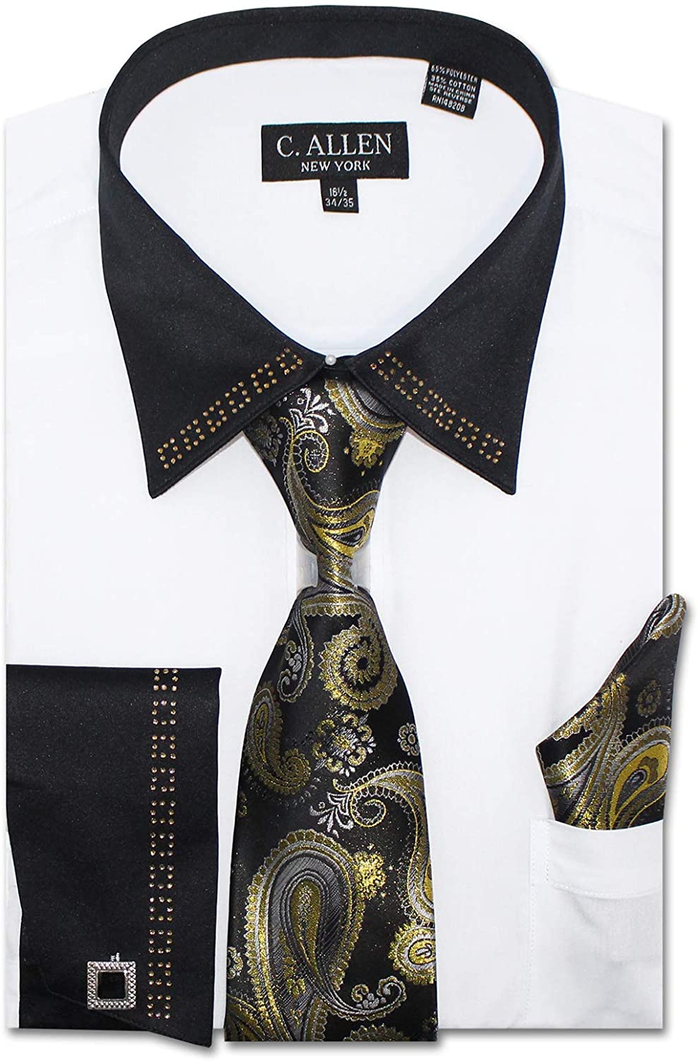 Men's Metallic French Cuff Dress Shirt w Tie Hanky Cufflinks 