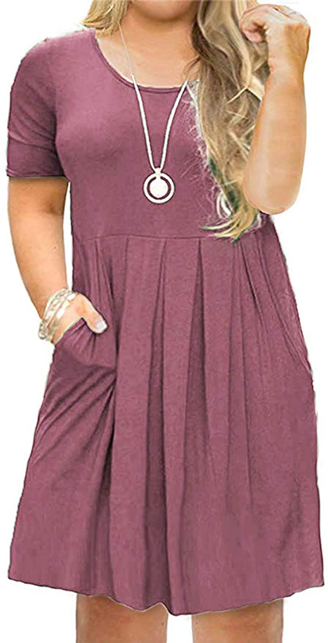 AUSELILY Women's Plus Size Round Neck Pleated Loose Swing Casual Dress with Pockets Knee Length 