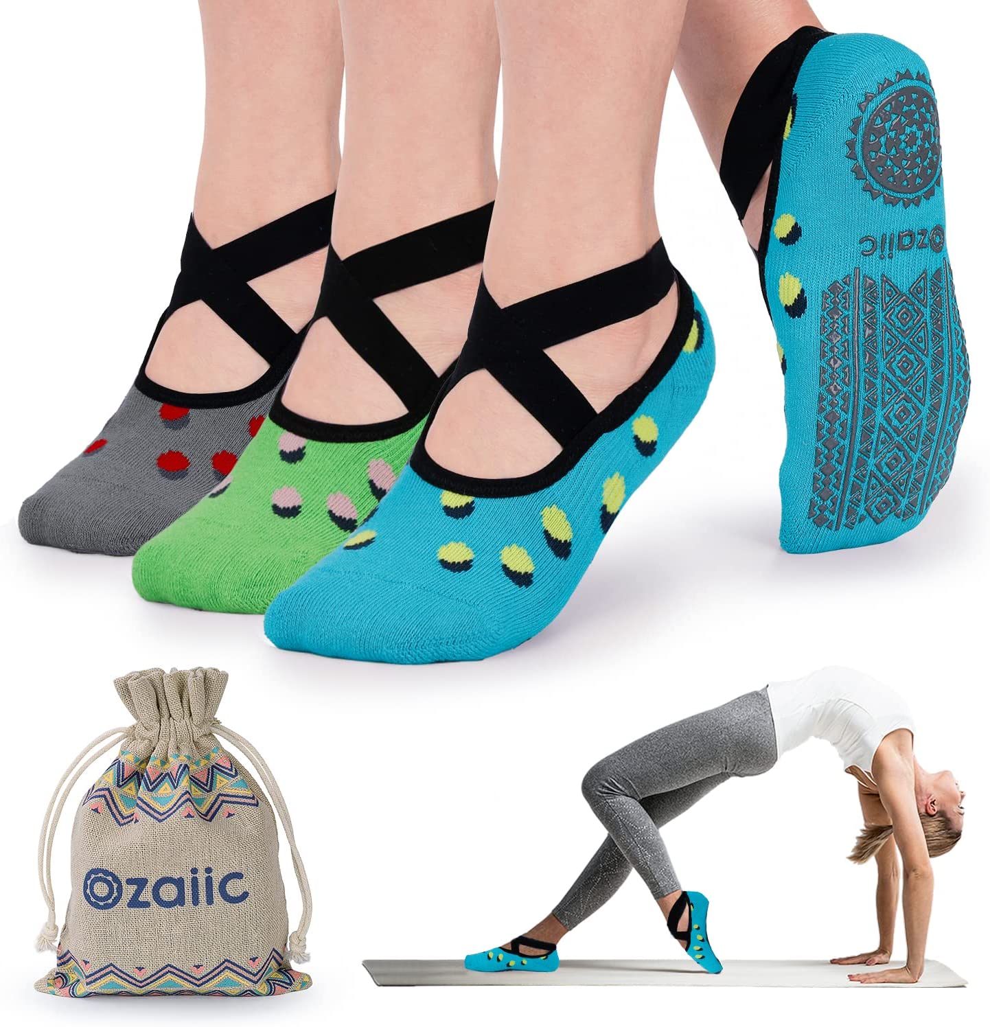 Ozaiic Yoga Socks for Women Non-Slip Grips & Straps, Ideal for Pilates,  Pure Barre, Ballet, Dance, Barefoot Workout : : Fashion