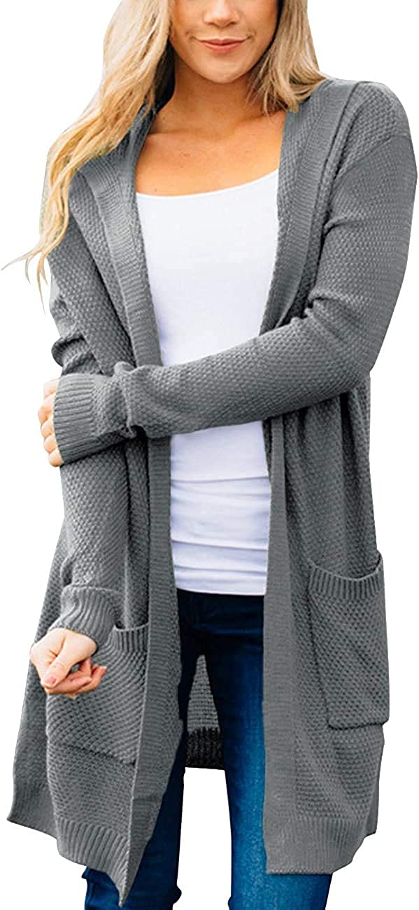 YIBOCK Women's Long Sleeve Hooded Open Front Knit Cardigan Sweater Outwear