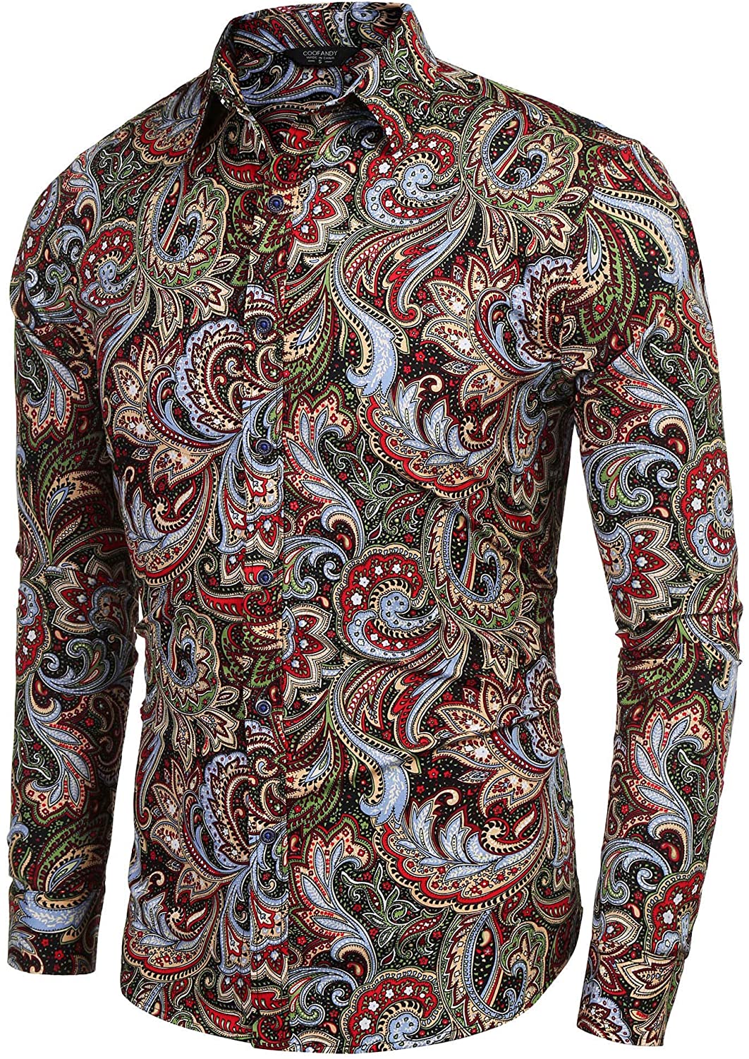 COOFANDY Men's Paisley Cotton Long Sleeve Shirt Floral Print Casual ...